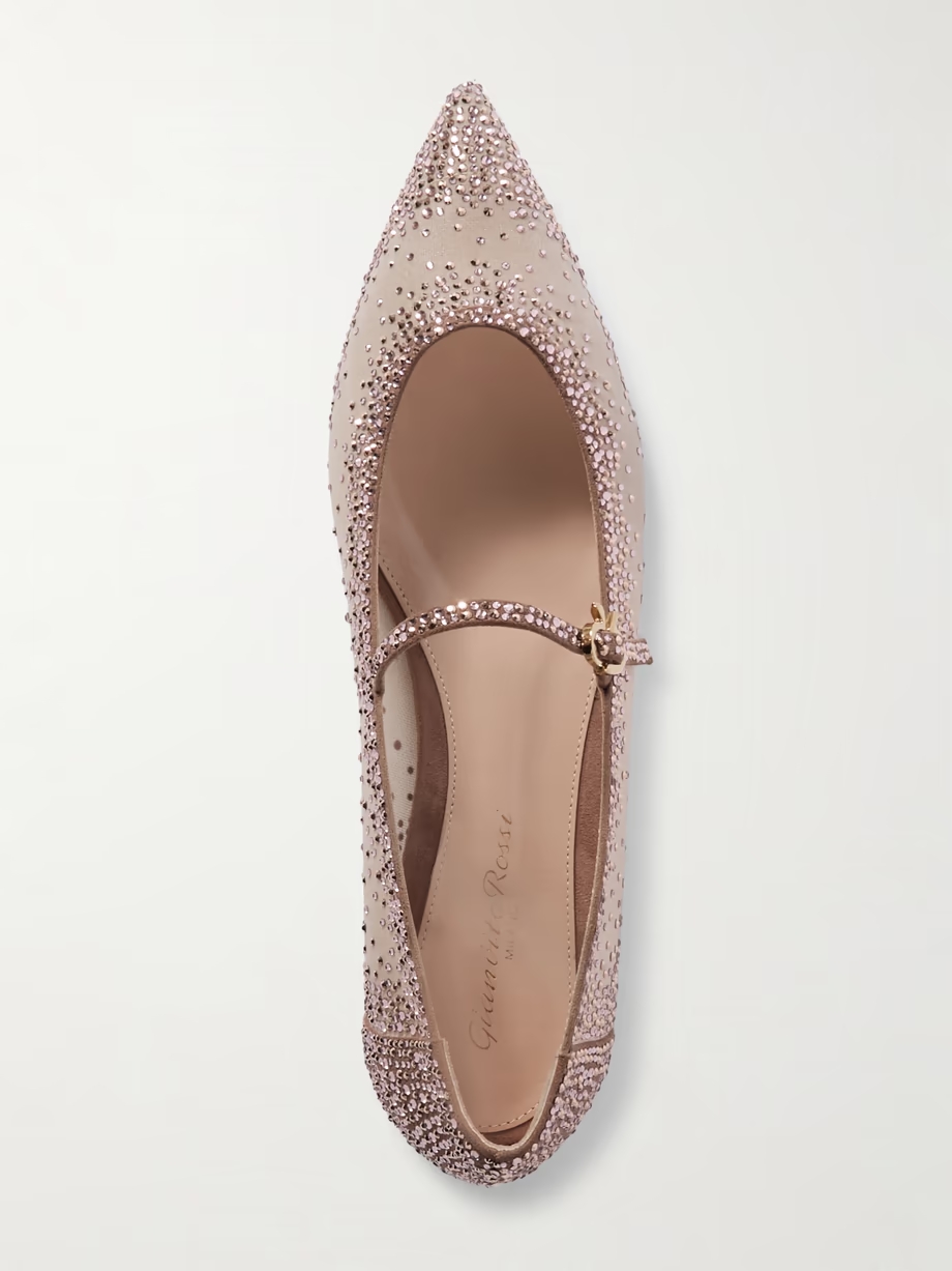 Crystal-embellished suede-trimmed organza ballet flats