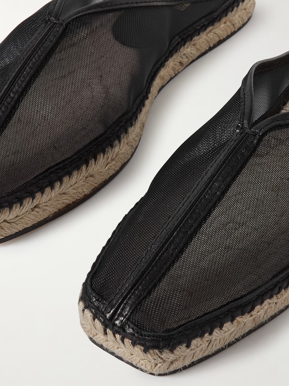 Leather-trimmed mesh espadrille mules