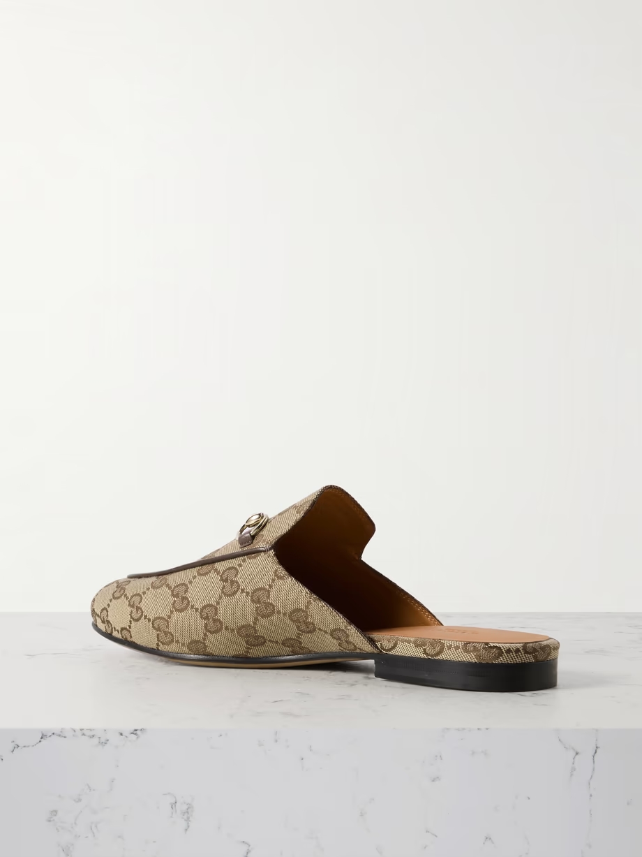 Princetown horsebit-detailed leather-trimmed canvas-jacquard slippers