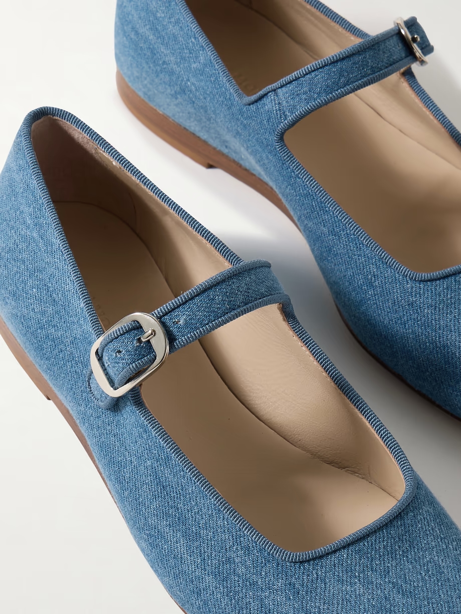 Grosgrain-trimmed denim Mary Jane ballet flats