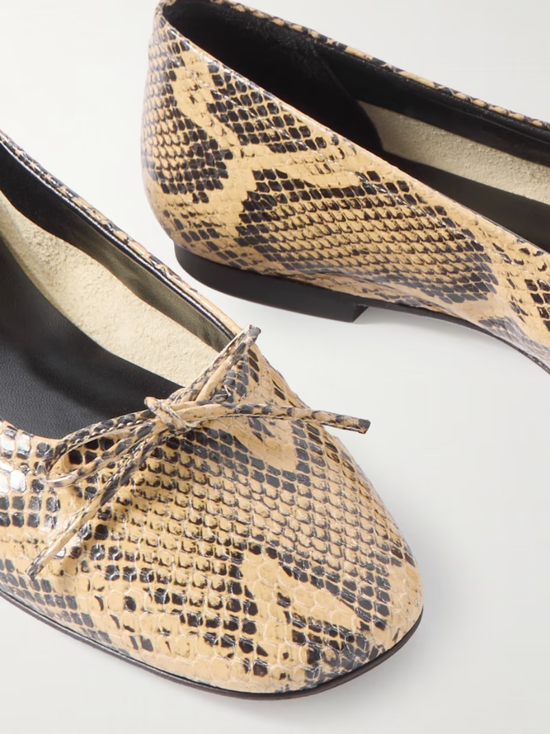 Delfina bow-detailed snake-effect leather ballet flats