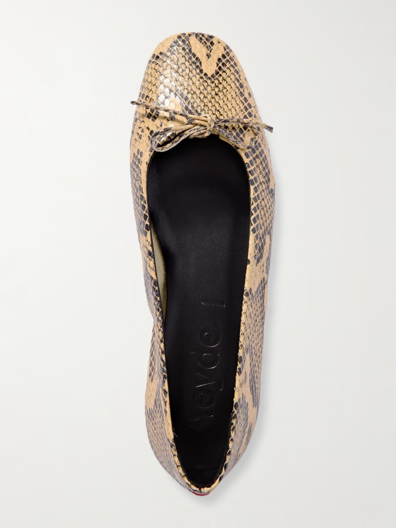 Delfina bow-detailed snake-effect leather ballet flats