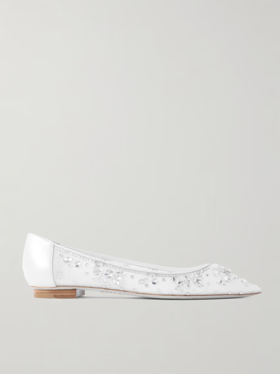 Leather-trimmed crystal-embellished tulle point-toe flats