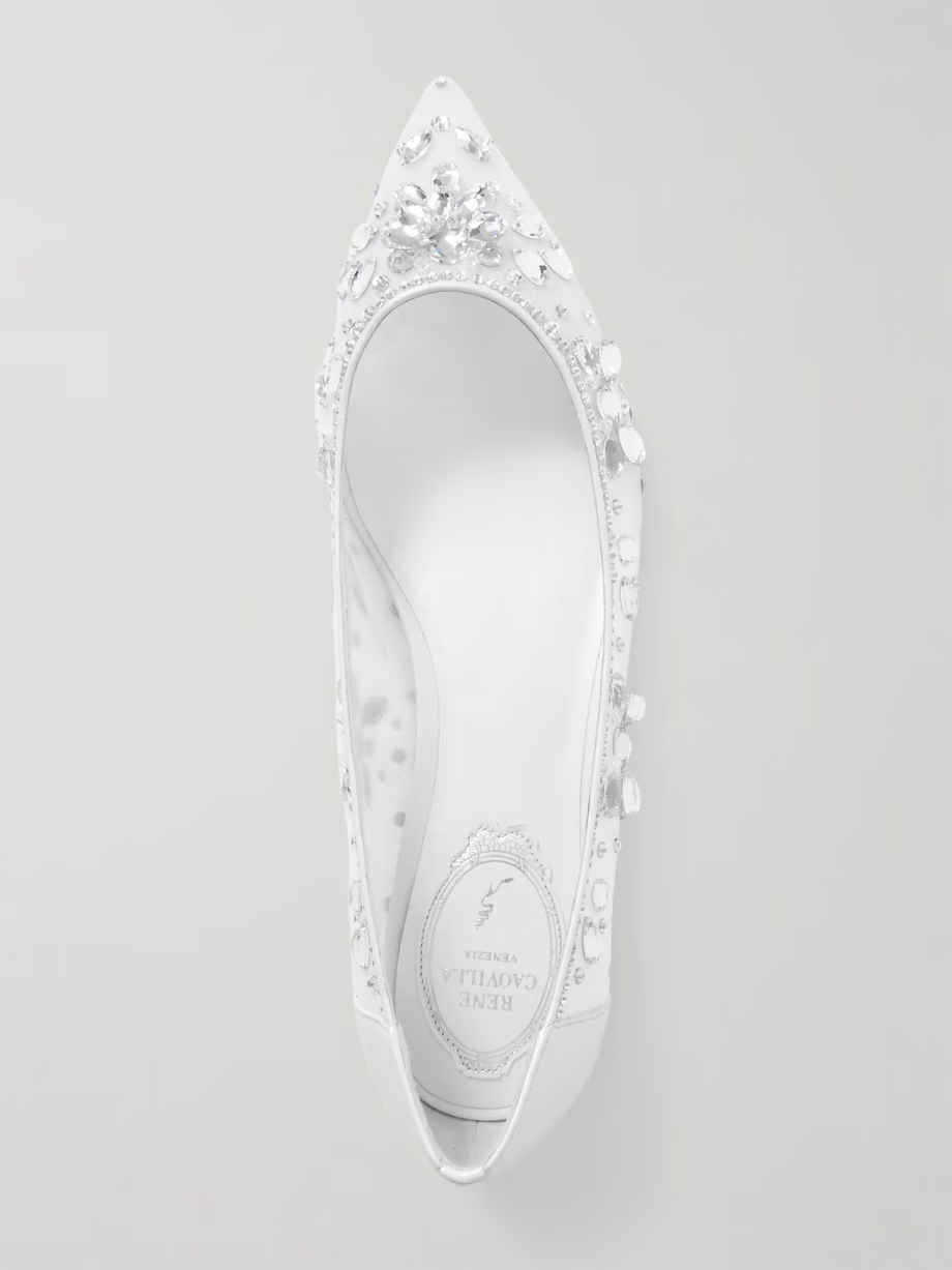 Leather-trimmed crystal-embellished tulle point-toe flats