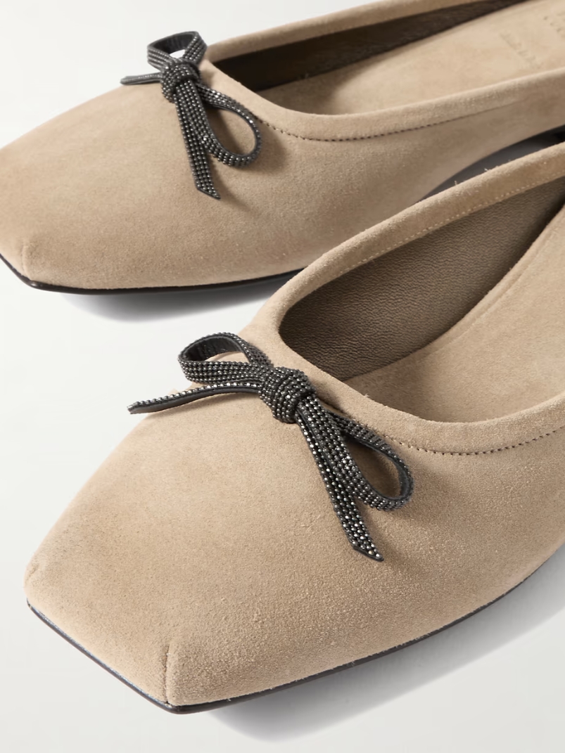 Bow-embellished suede slippers