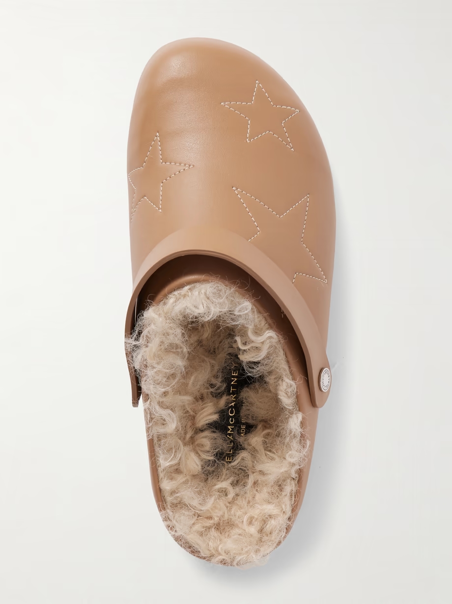 Elyse embroidered faux shearling-lined vegetarian leather mules