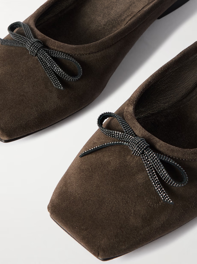 Bow-embellished suede slippers