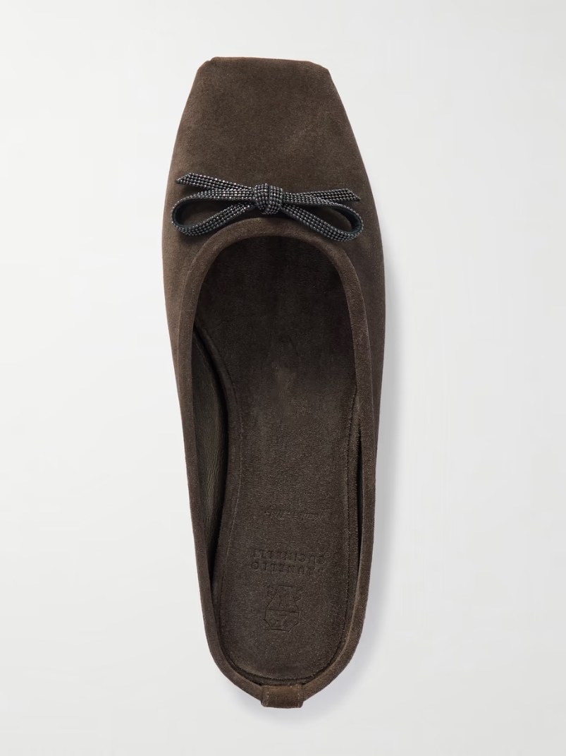 Bow-embellished suede slippers