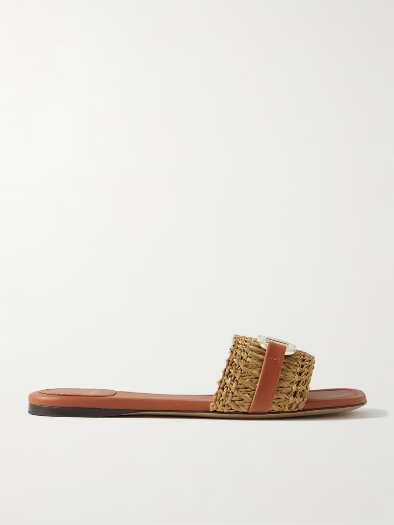 Leah logo-embellished leather-trimmed raffia sandals