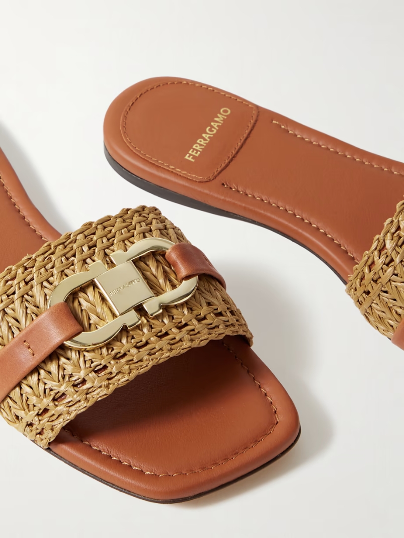 Leah logo-embellished leather-trimmed raffia sandals