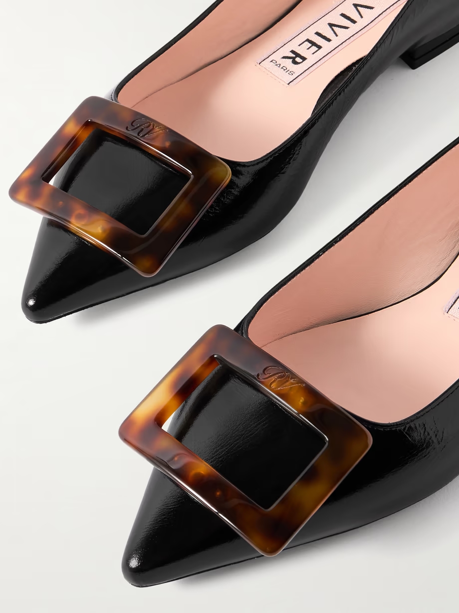 Gommettine buckled glossed crinkled-leather ballet flats