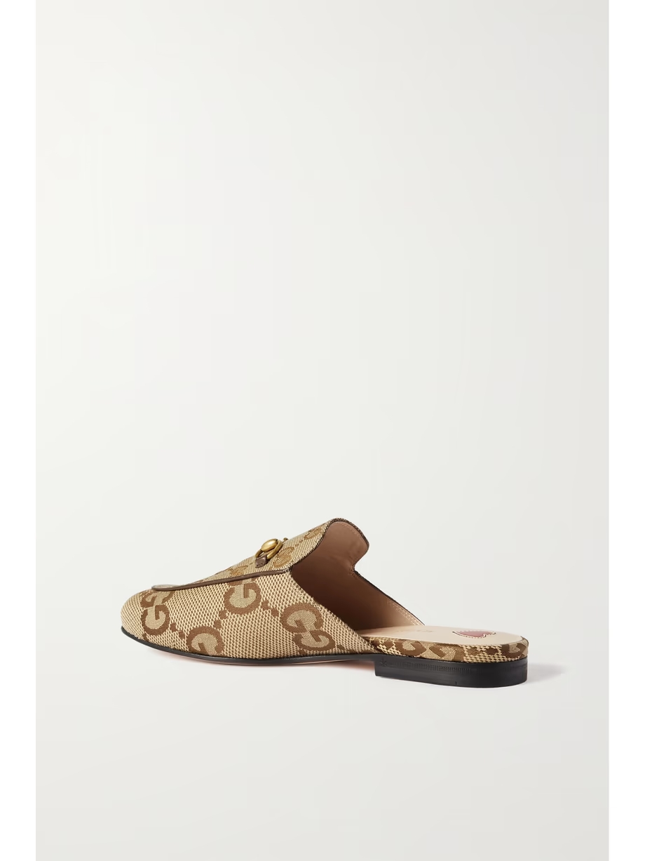 Princetown horsebit-detailed leather-trimmed canvas-jacquard slippers