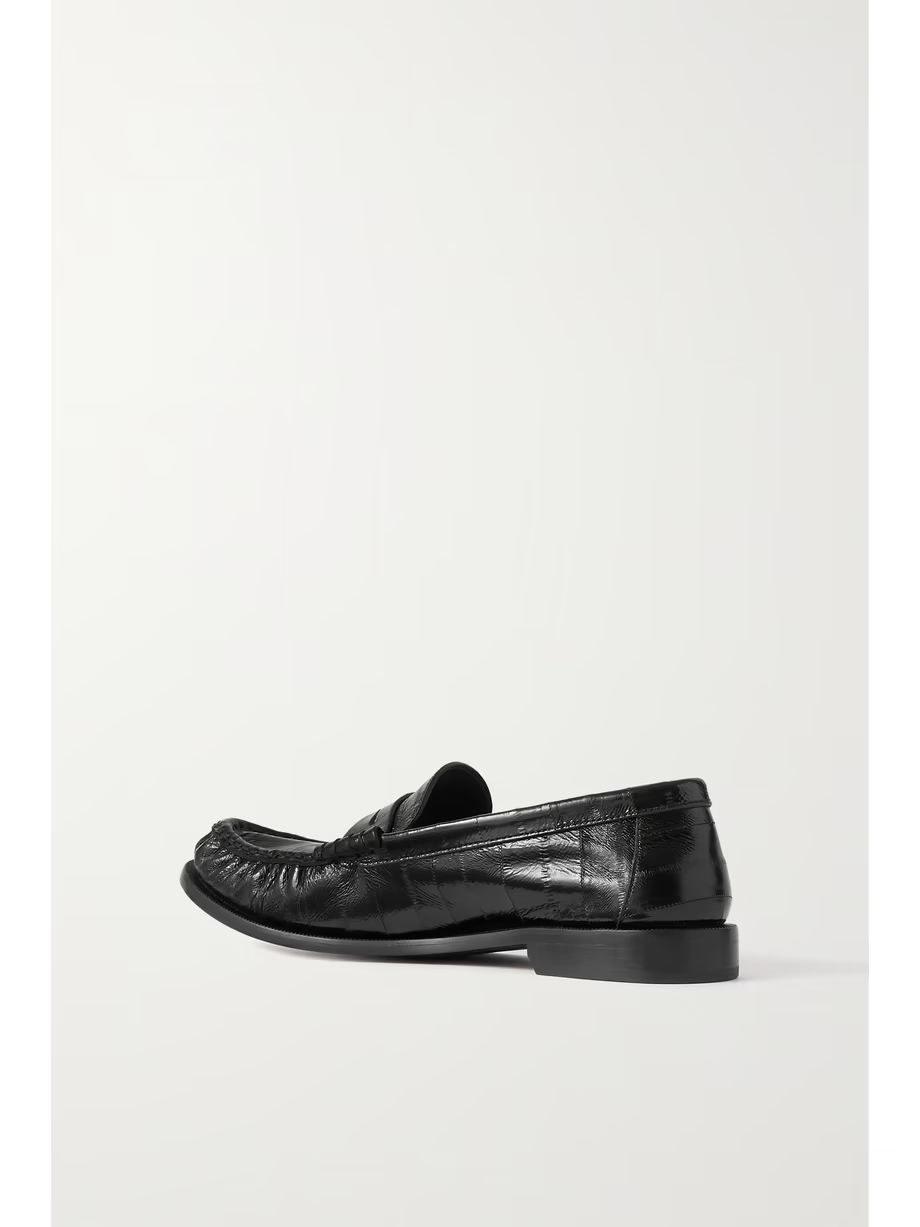 Logo-embellished glossed textured-leather penny loafers