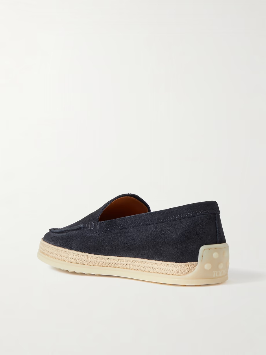 Raffia-trimmed suede loafers