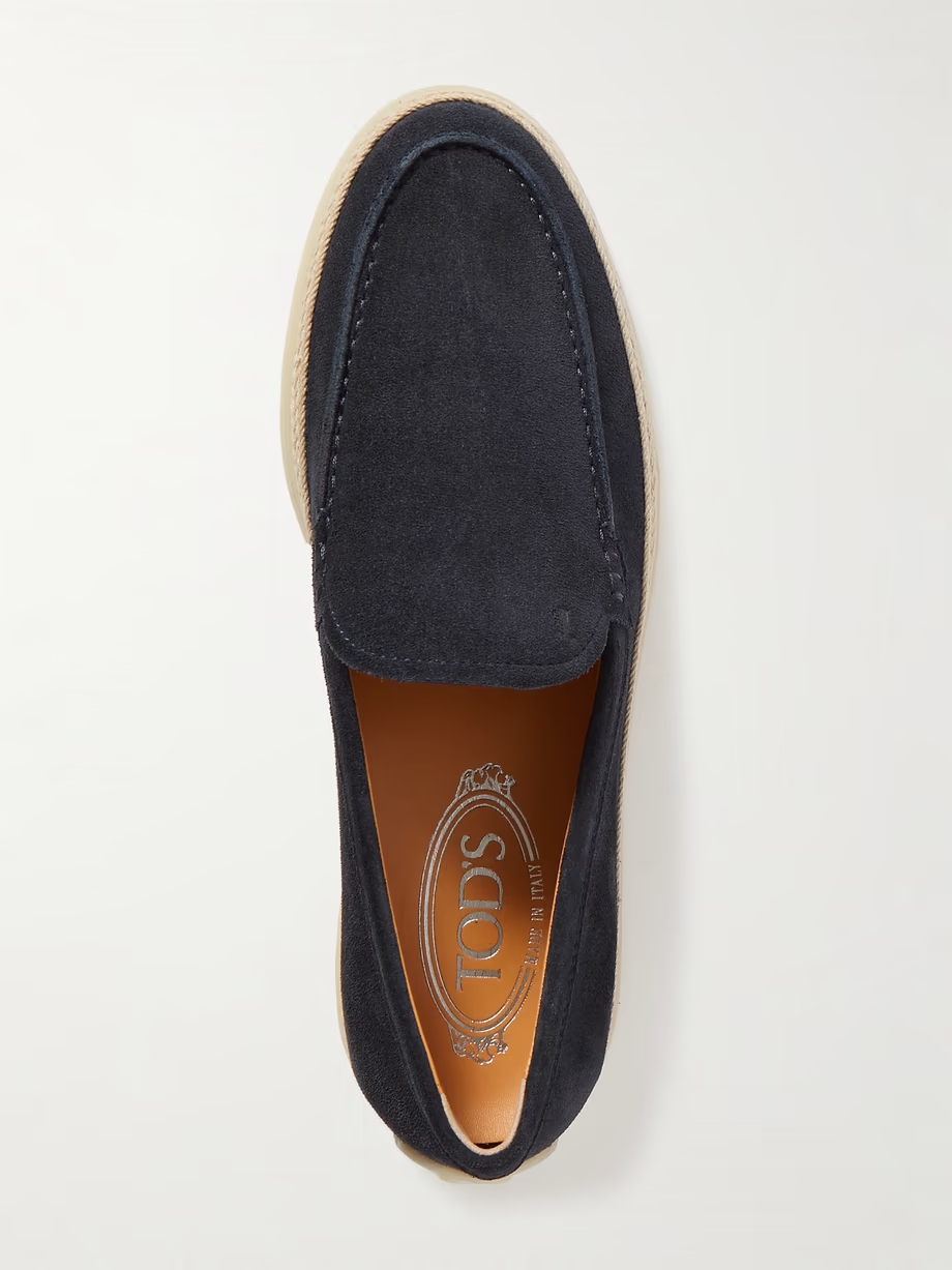 Raffia-trimmed suede loafers