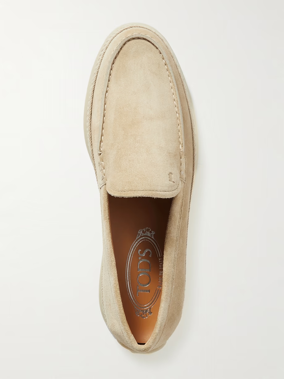 Raffia-trimmed suede loafers