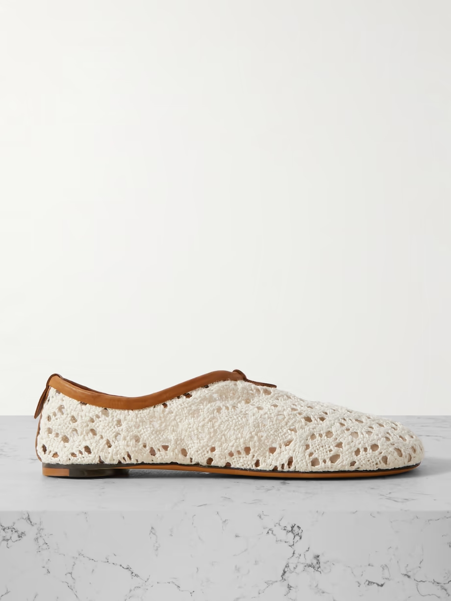 Floaty leather-trimmed macramé lace flats