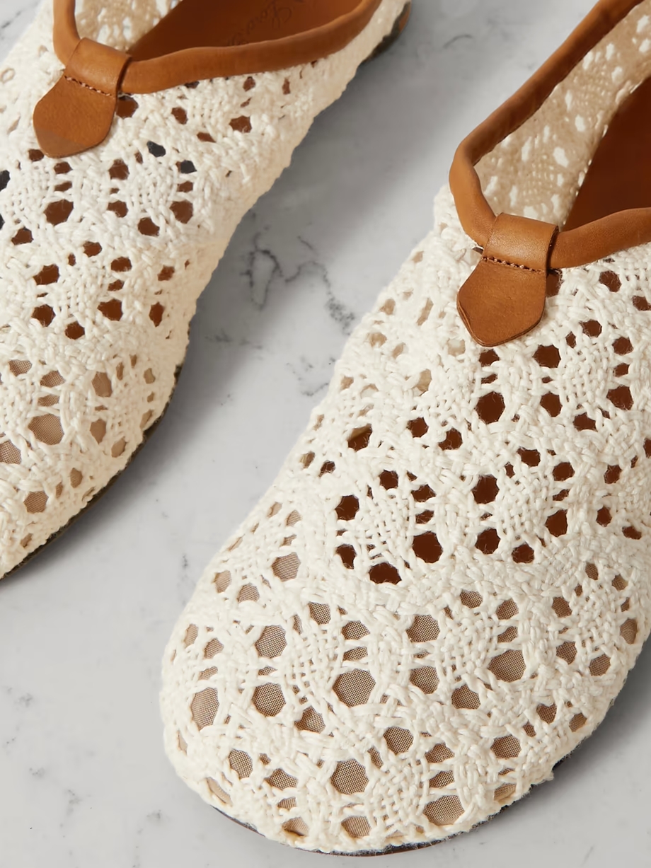 Floaty leather-trimmed macramé lace flats