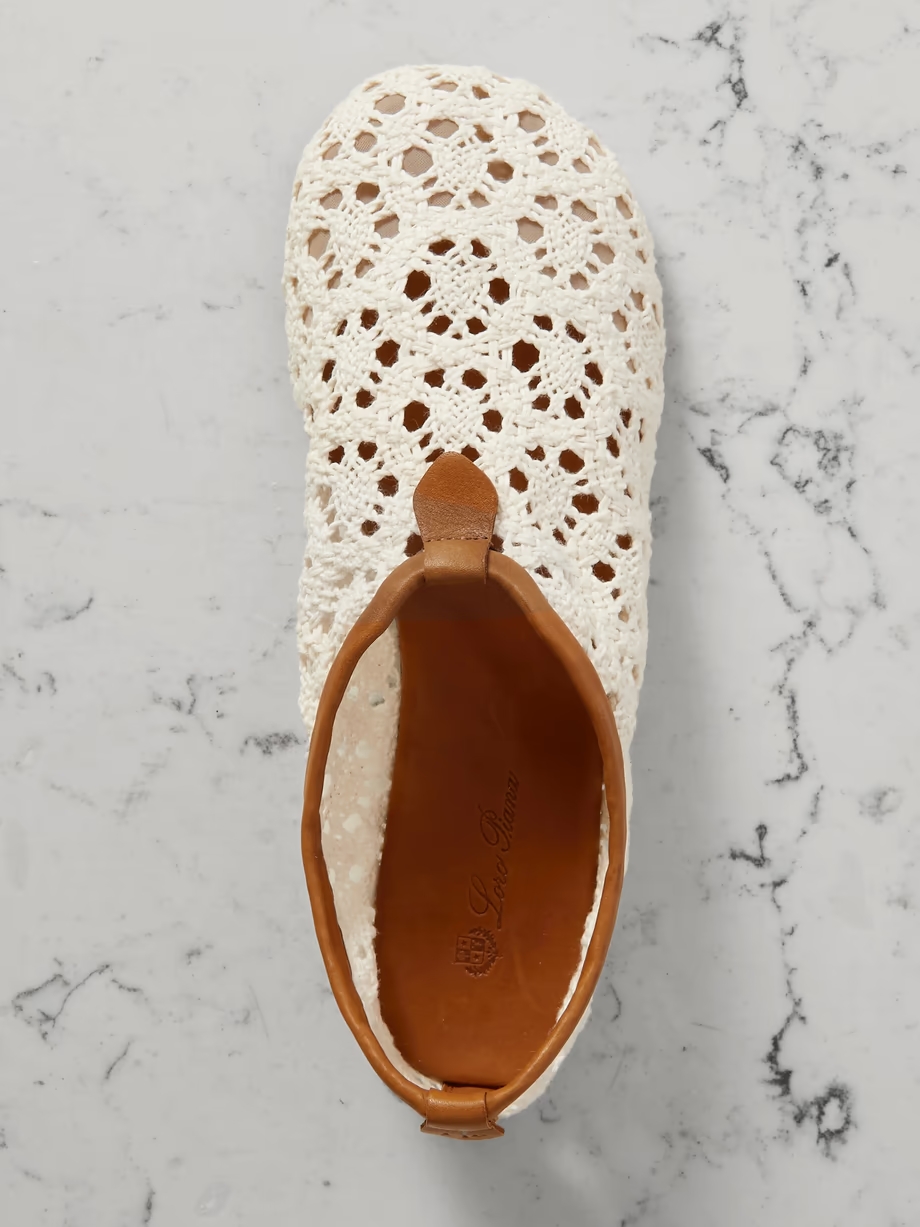 Floaty leather-trimmed macramé lace flats