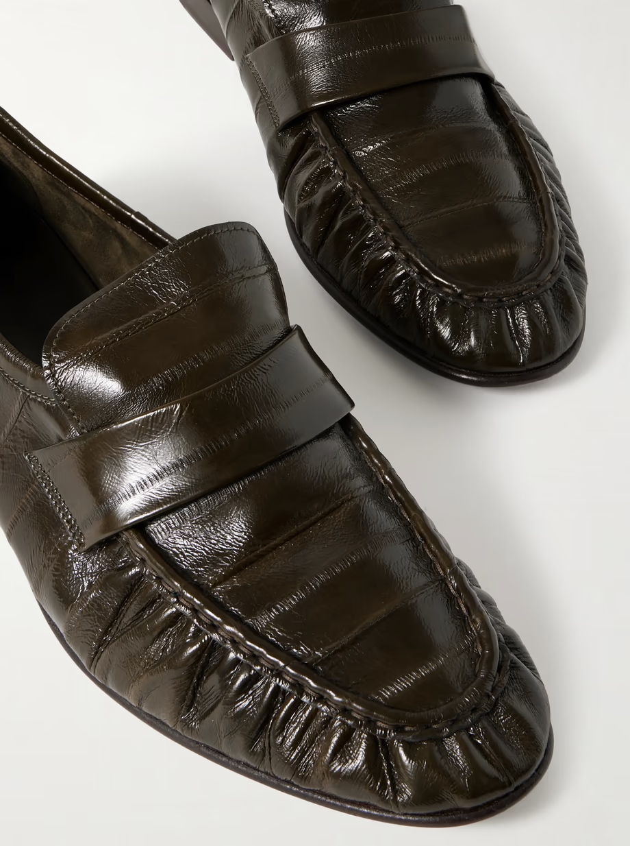 Paneled glossed-leather loafers