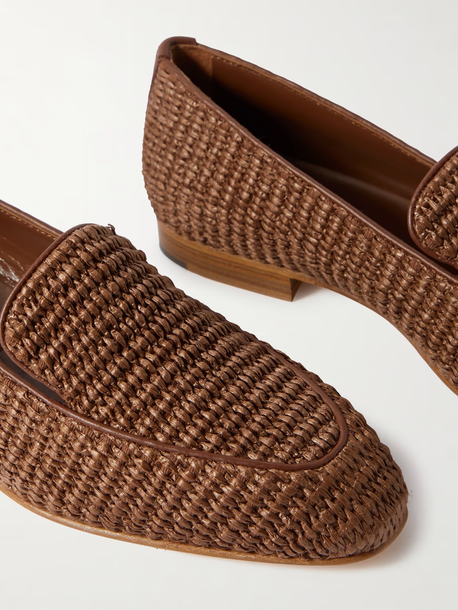 Pitakara leather-trimmed raffia loafers