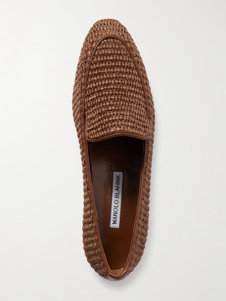 Pitakara leather-trimmed raffia loafers