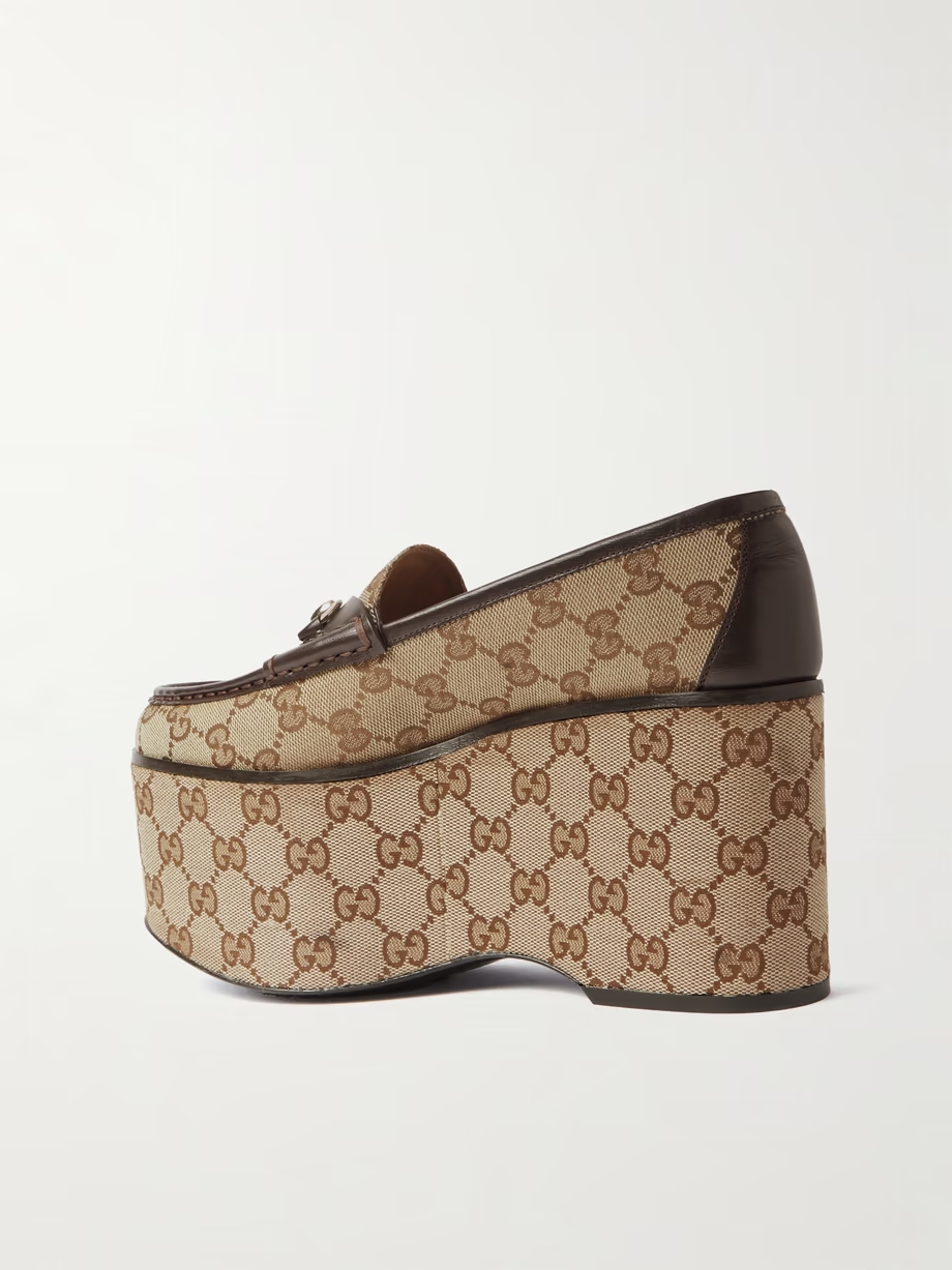 Horsebit leather-trimmed canvas-jacquard platform loafers