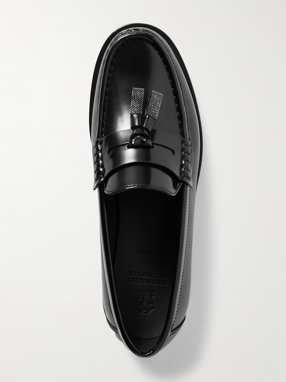 Bead-embellished tasseled glossed-leather loafers