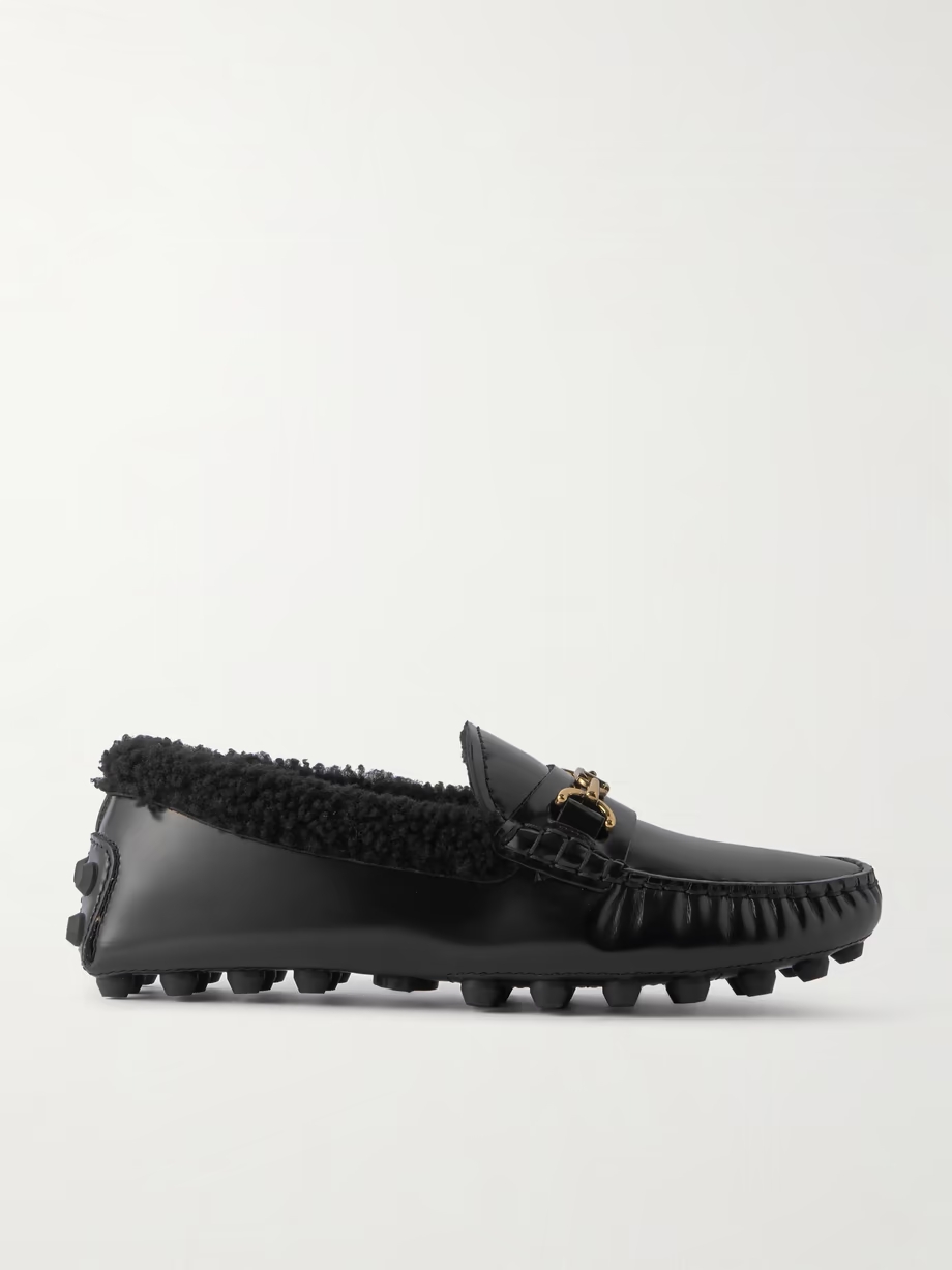 Gommino Macro embellished shearling-trimmed leather loafers