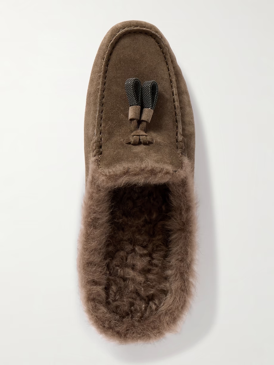 Tasseled shearling-lined suede slippers