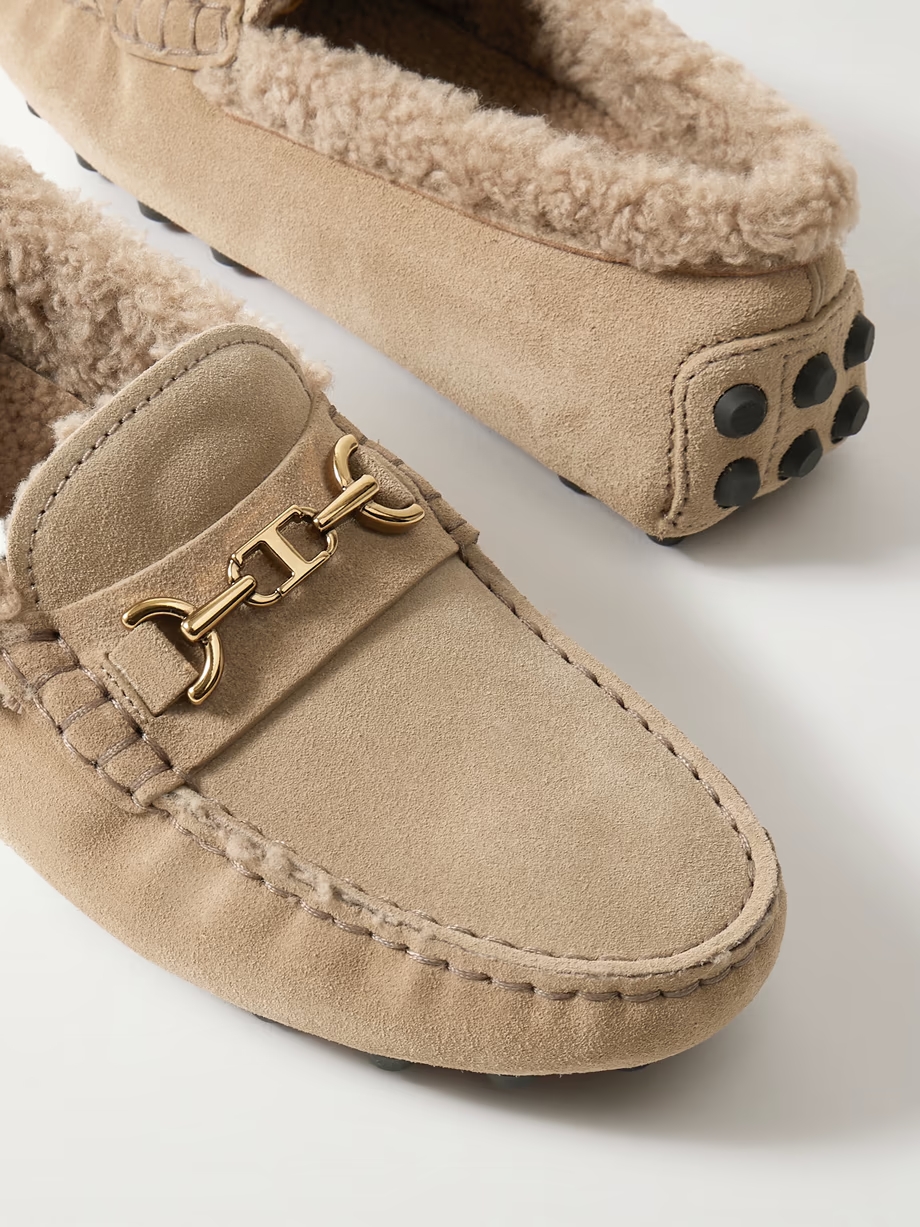 Gommino Macro embellished shearling-trimmed suede loafers