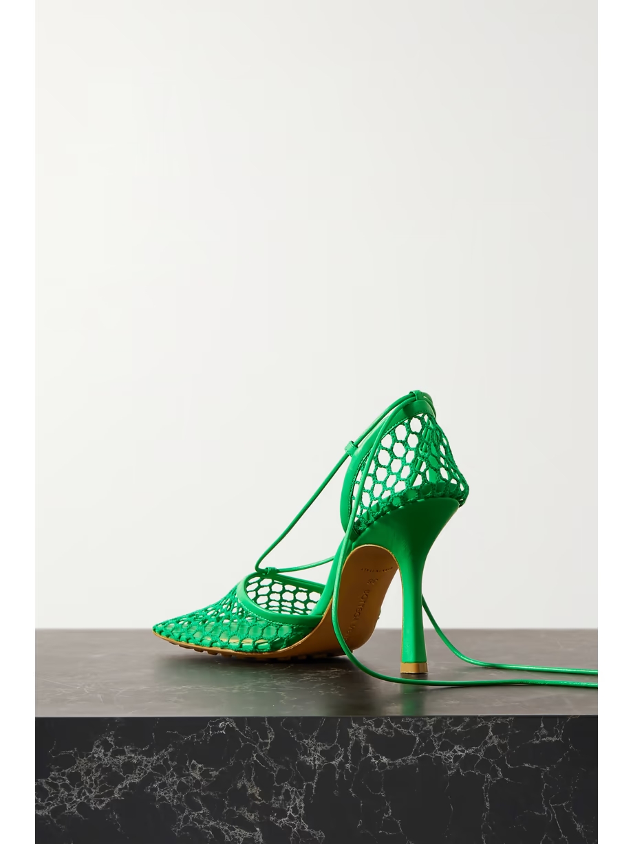 Lace-up leather-trimmed mesh pumps