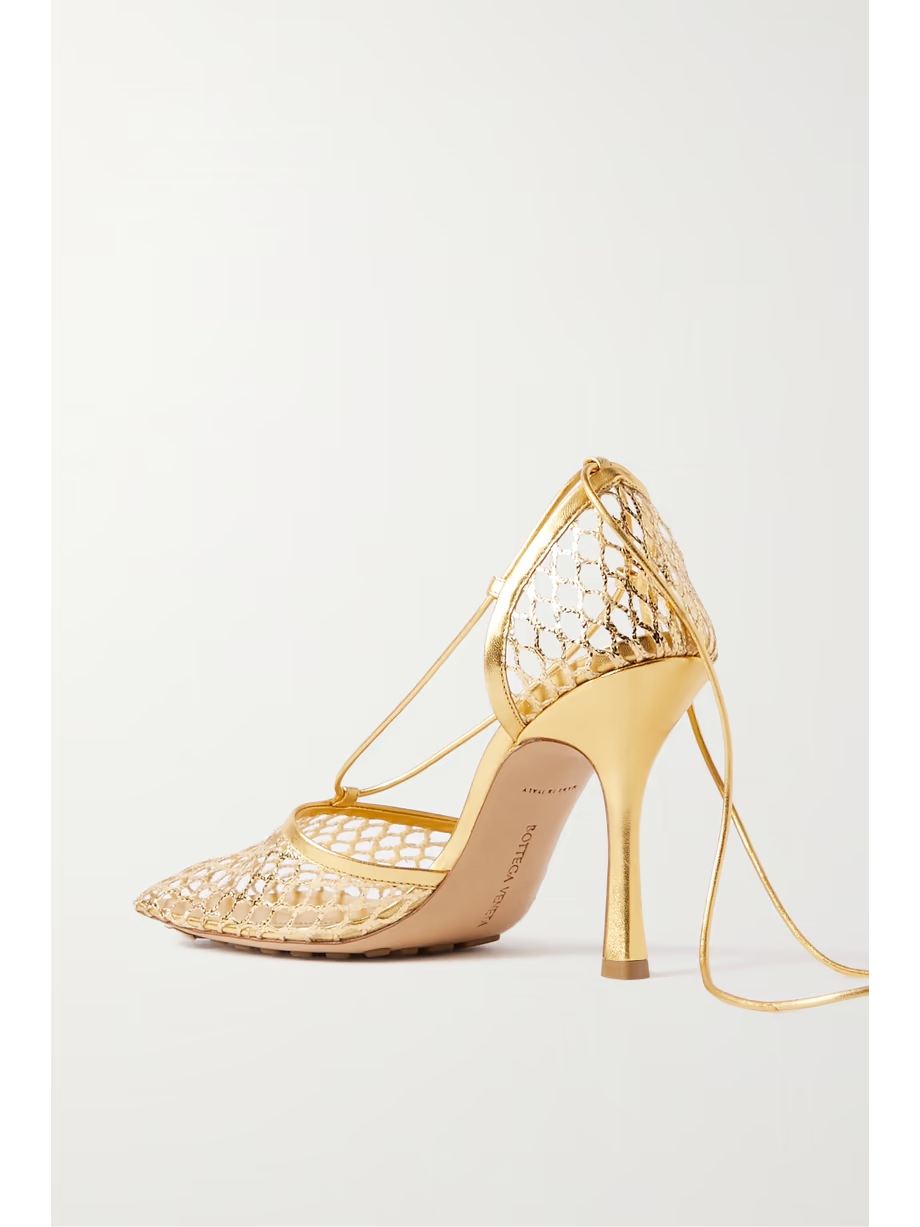 Metallic leather-trimmed mesh pumps