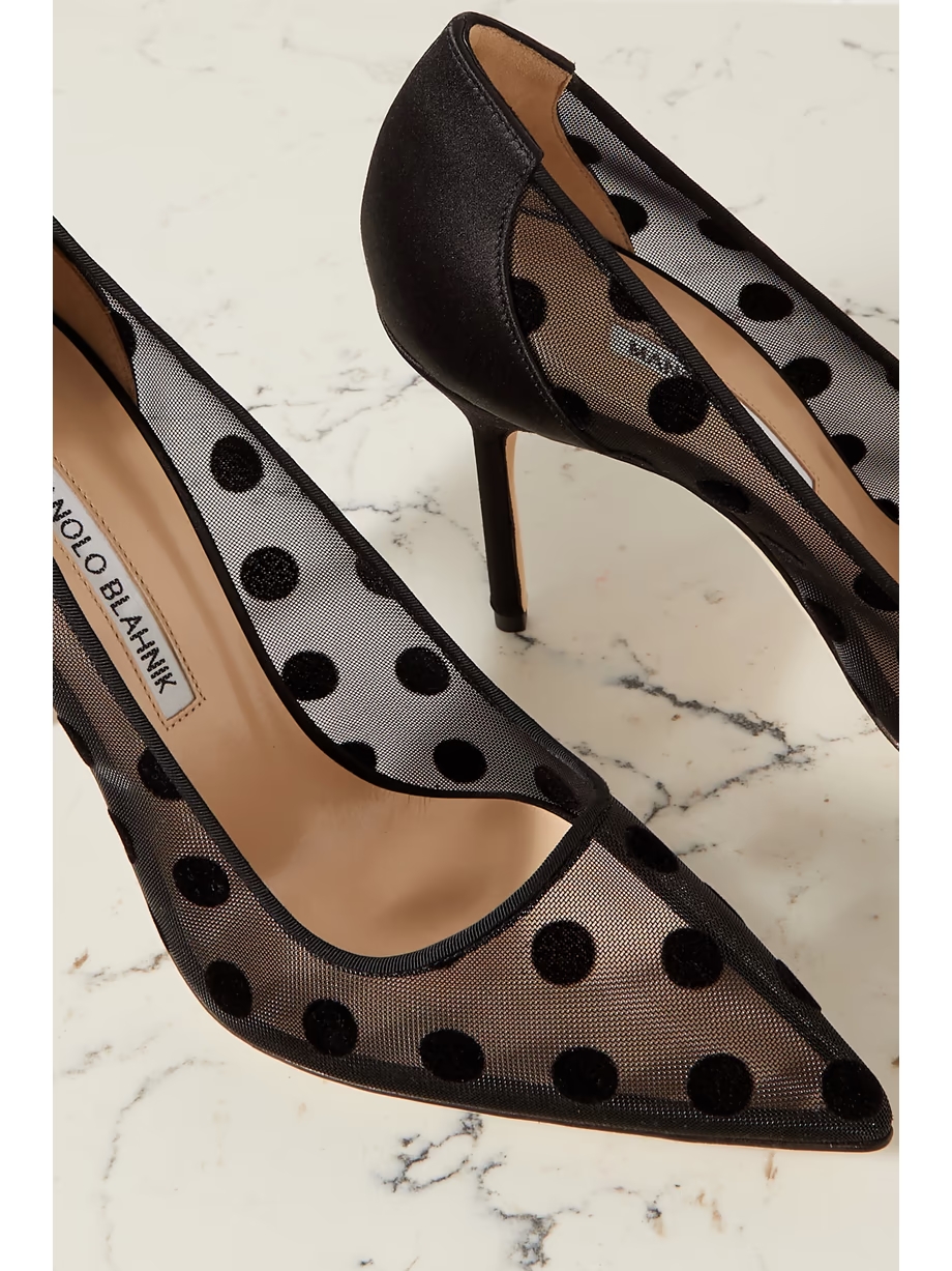 BBLA 105 satin-trimmed polka-dot flocked mesh pumps