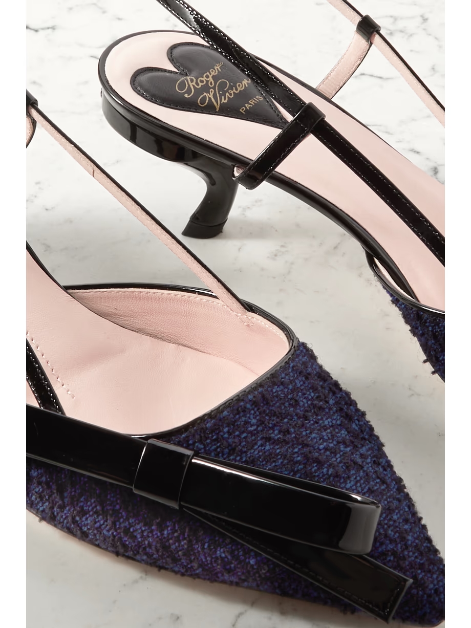 Virgule patent-leather and bouclé-tweed slingback pumps