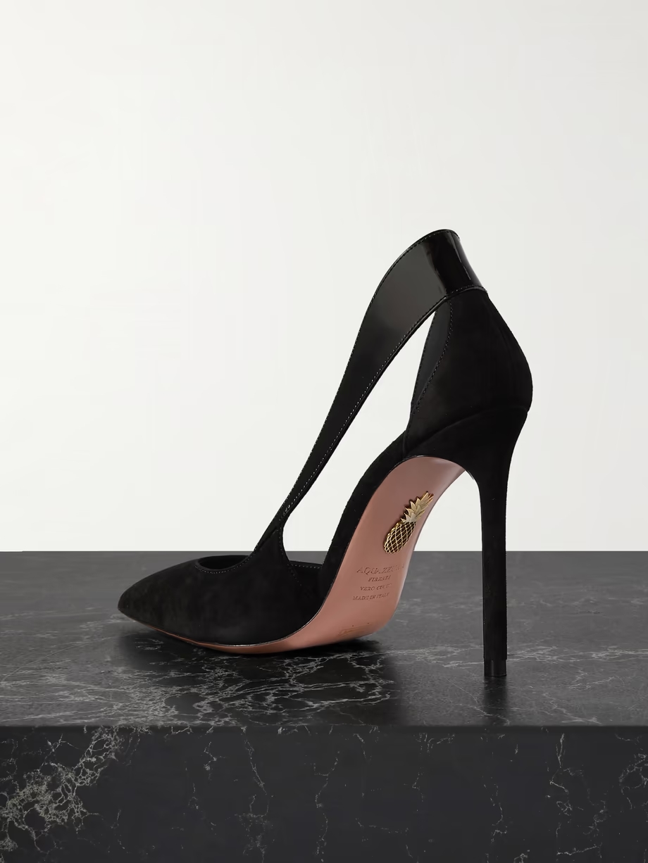 Dangerous Liasions 105 cutout patent leather-trimmed suede pumps