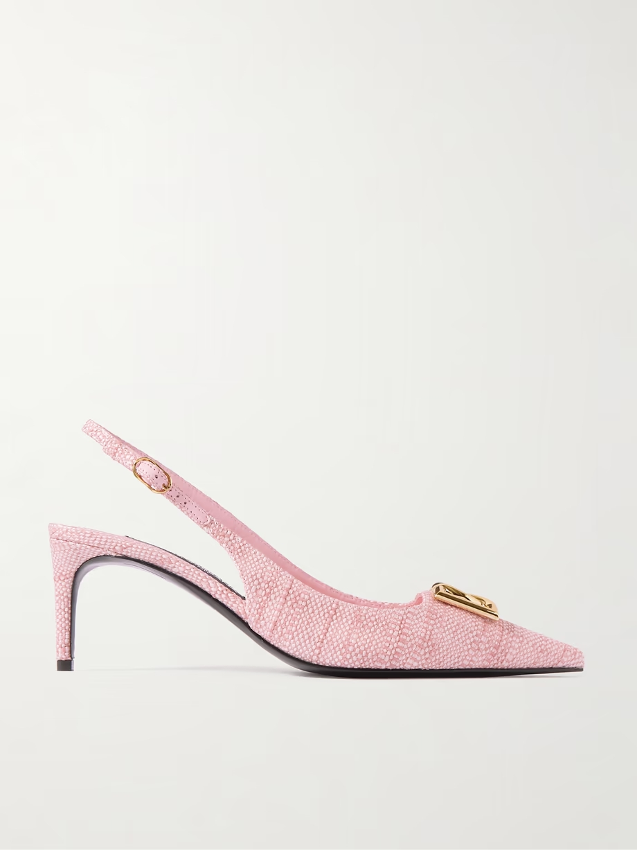 Logo-embellished raffia slingback pumps