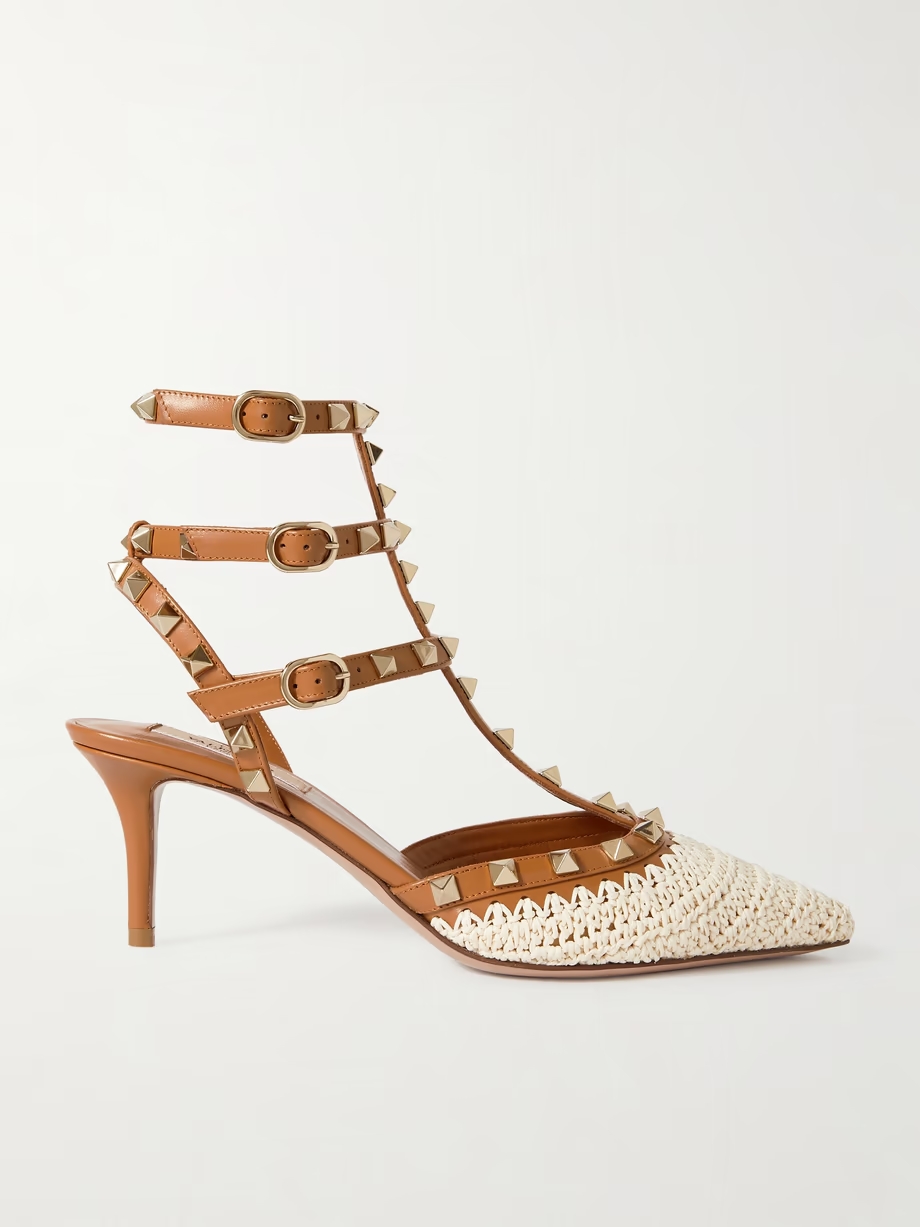 Rockstud 65 embellished leather and crocheted raffia pumps