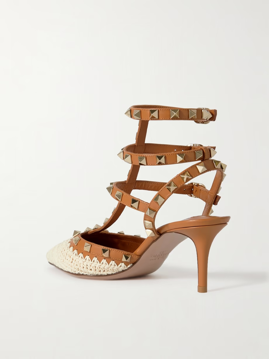 Rockstud 65 embellished leather and crocheted raffia pumps