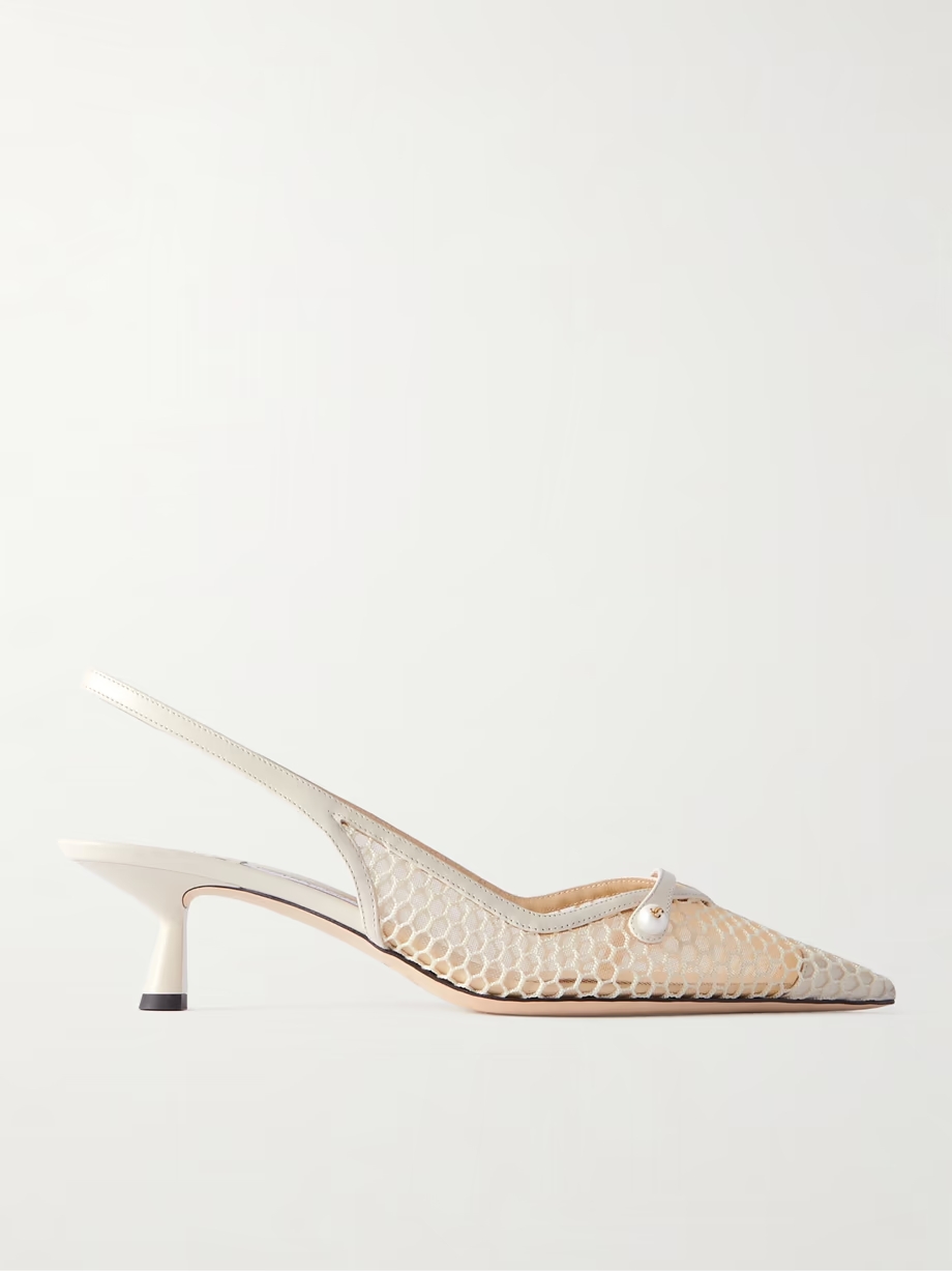 Amita 45 faux-pearl embellished leather-trimmed mesh slingback pumps