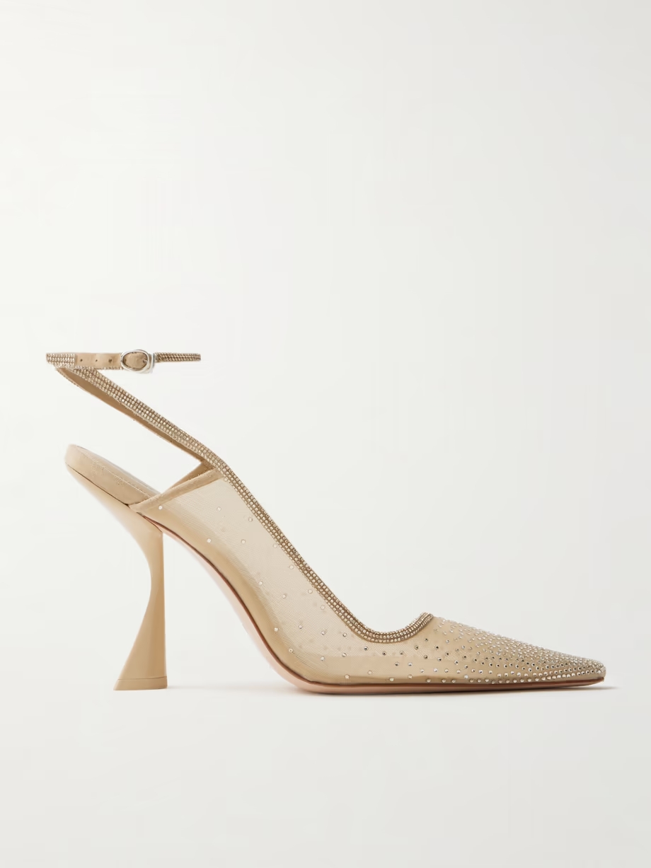 Diya suede-trimmed crystal-embellished tulle pumps