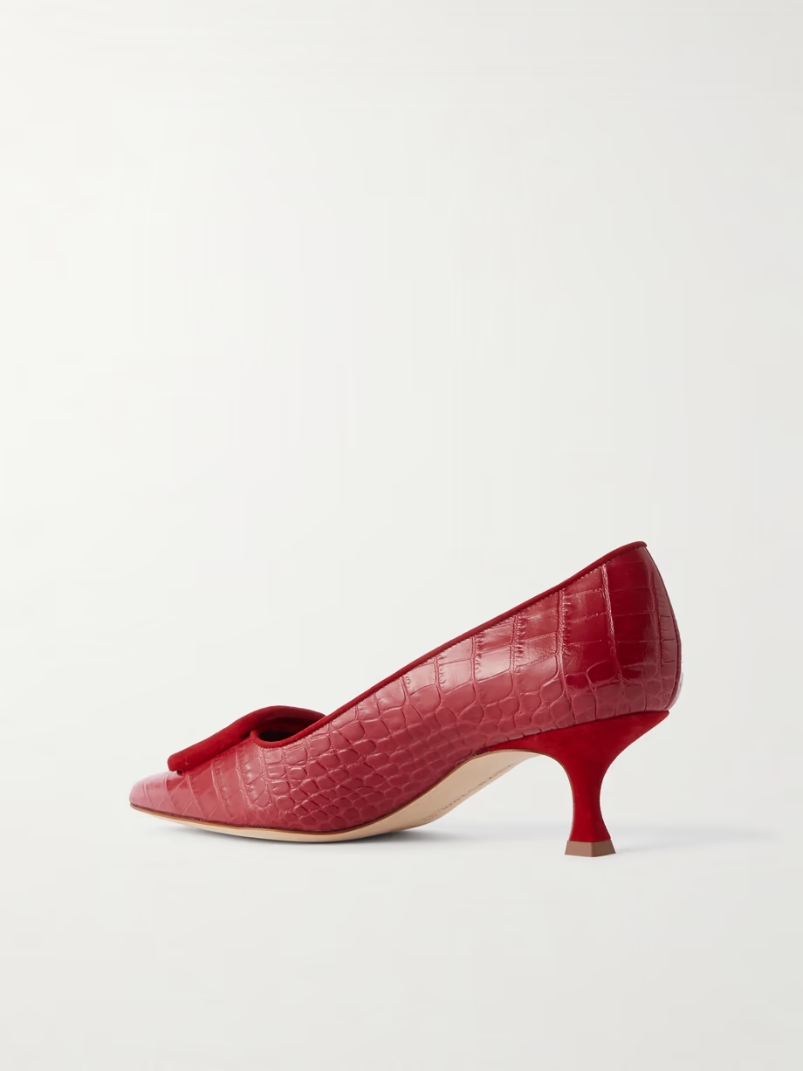 Maysale 50 buckled suede-trimmed croc-effect leather pumps