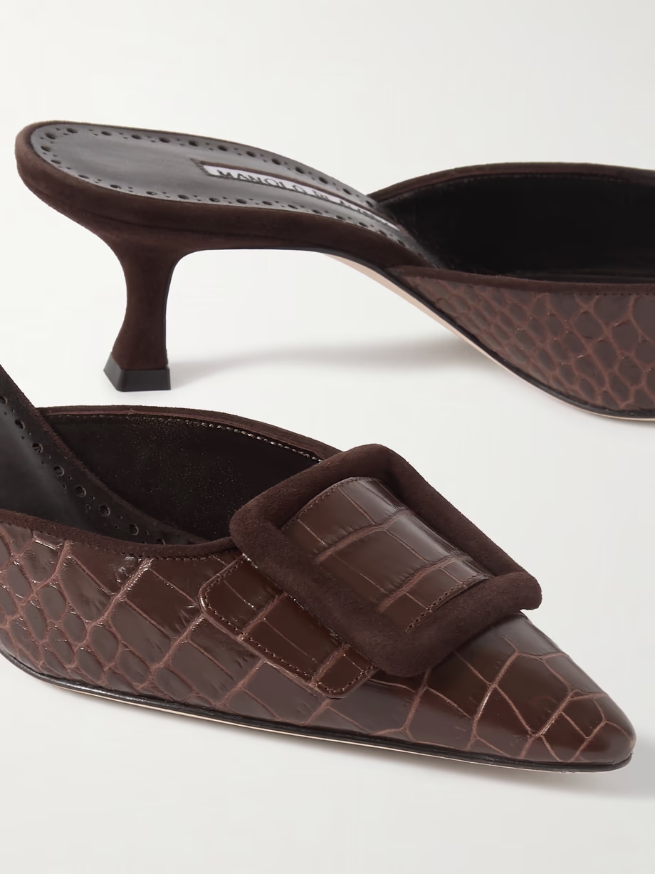 Maysalebi 50 suede-trimmed croc-effect leather mules