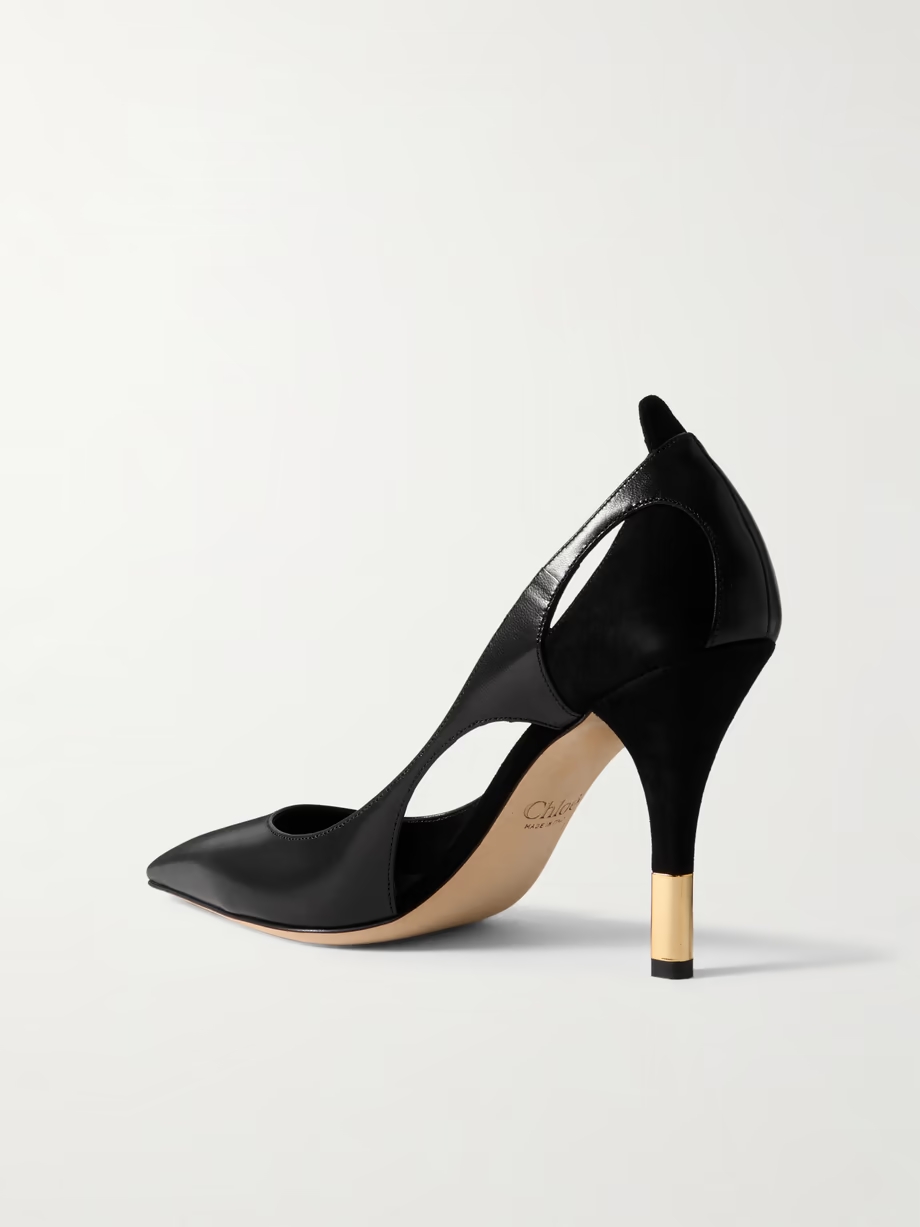 Saada cutout suede-trimmed leather pumps