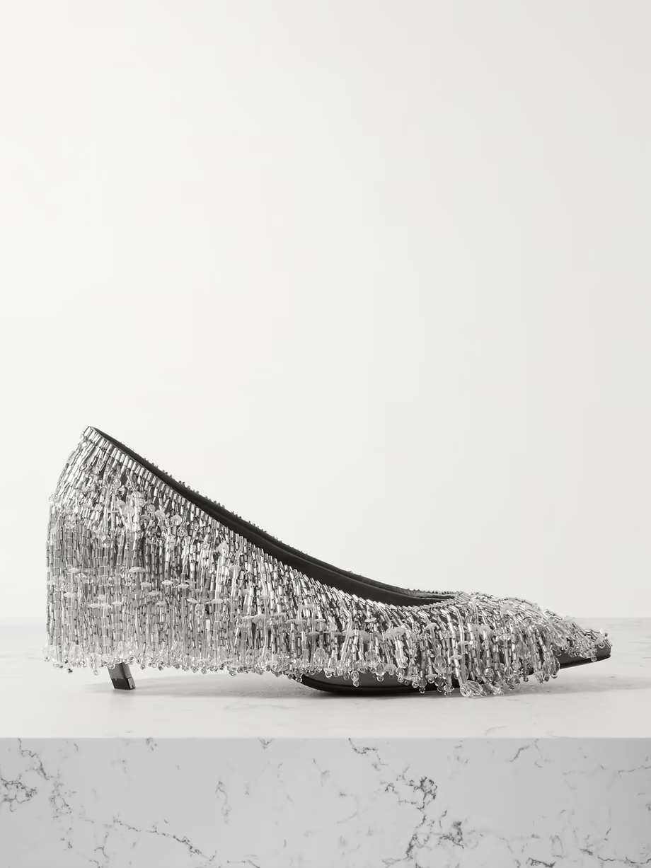 Fringed crystal-embellished satin pumps