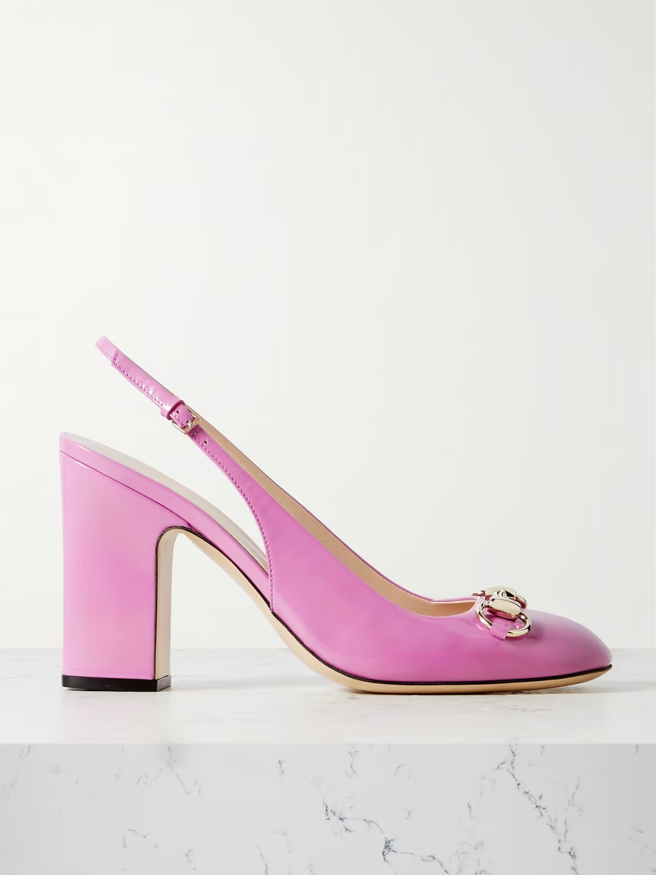 Lady horsebit-embellished patent-leather slingback pumps