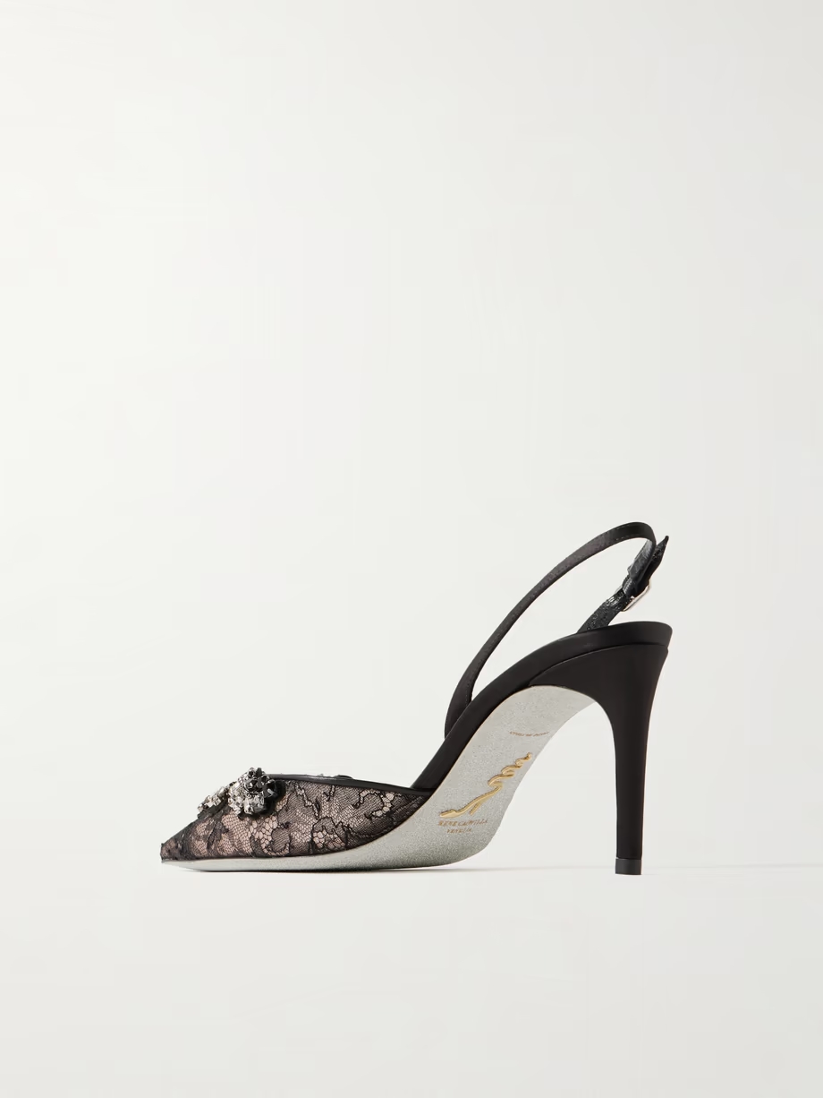 Crystal-embellished lace and satin slingback pumps