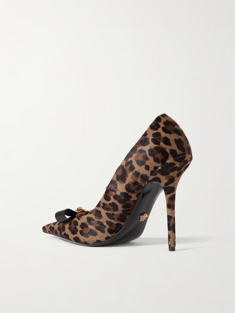 Embellished patent leather-trimmed leopard-print calf hair pumps