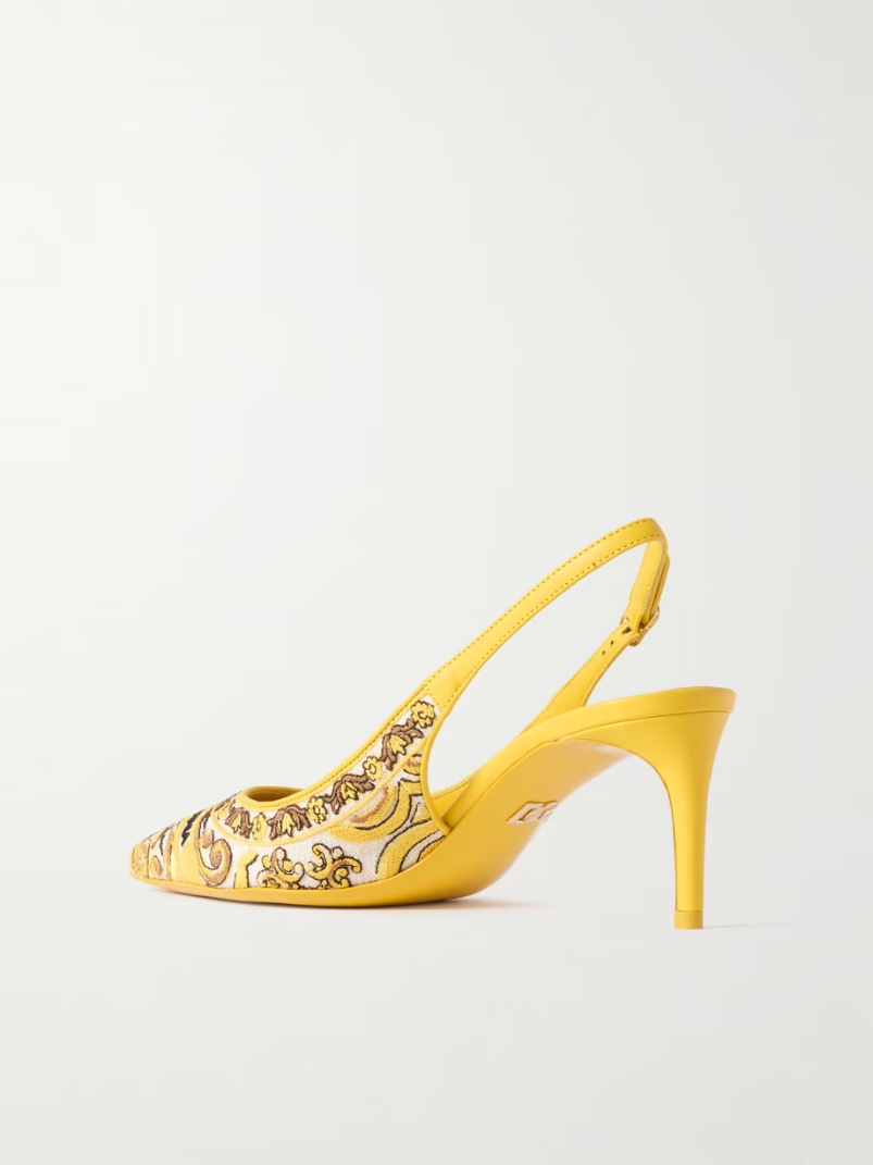 Maiolica Lollo leather-trimmed canvas-jacquard slingback pumps