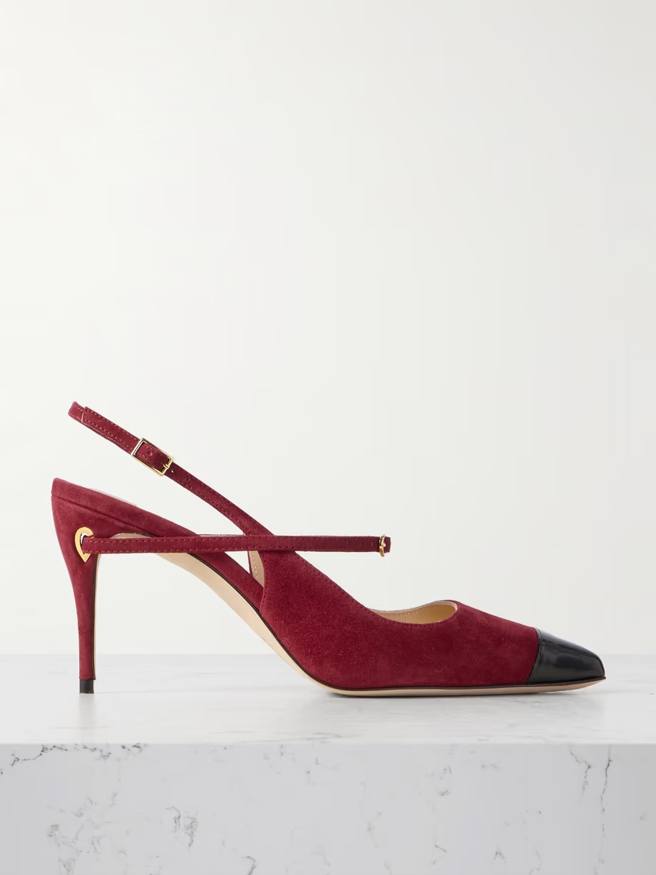 Edoardo 85 patent leather-trimmed suede slingback pumps